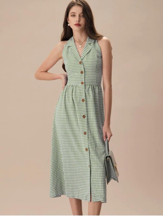 RIHOAS Dresses & Skirts - RIHOAS Mint Green Gingham Button-Front Midi Dress